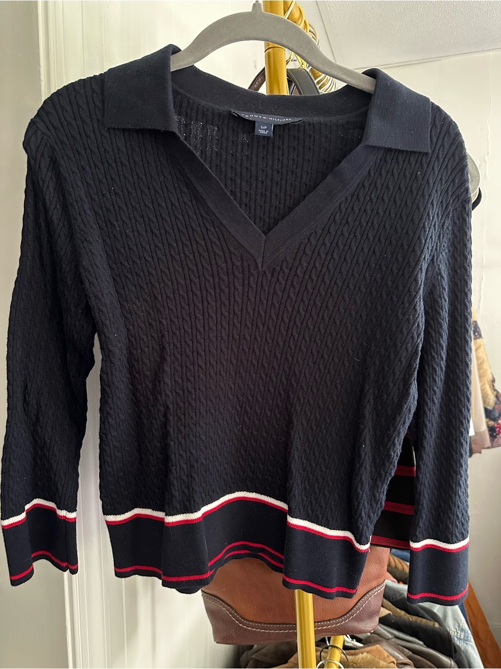 Tommy Hilfiger Navy Cable-Knit V-Neck Sweater with Red & White Trim Size S